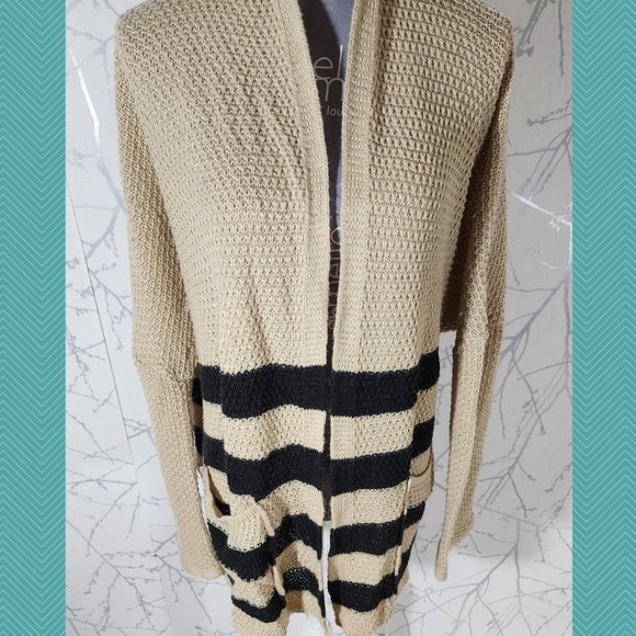 BDG Beige Striped Textured Knit Open Front Cardigan - Picture 3 of 7
